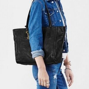 Fossil Emma Black Leather Top Zip Tote Bag